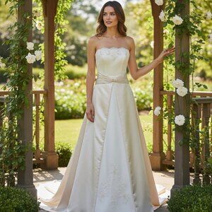 Michaelangelo by David's Bridal White/Champange Wedding Dress w/ Train Size 14